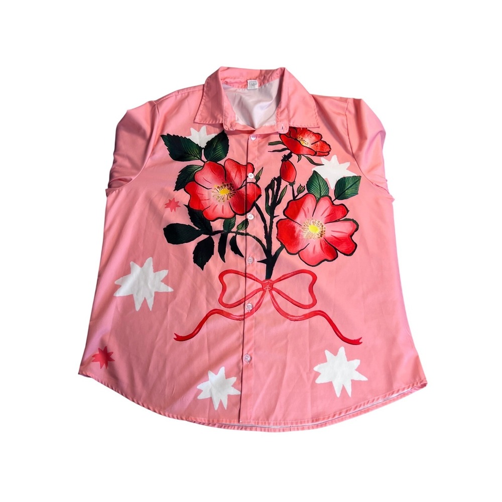 LikeMyChoice Floral Graphic Two Piece Set Women 2XL Pink Shirt and Shorts - Picture 2 of 6